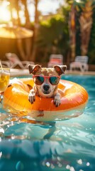 A dog in sunglasses lounges in a pool on an inflatable ring with cocktails, exuding contentment and humor