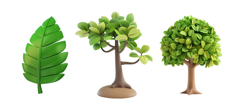 Earth Day Tribute: Simple 3D Cartoon of a Nature Set with Growing Tree, Falling Leaf, and a Big Tree, Isolated on Transparent Background, PNG