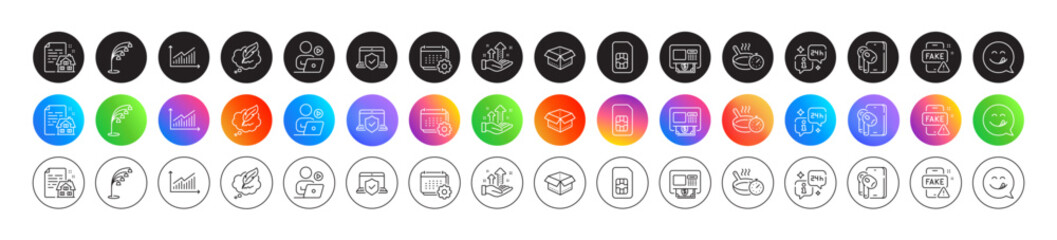 Info, Floor lamp and Lease contract line icons. Round icon gradient buttons. Pack of Yummy smile, Calendar, Copyright chat icon. Frying pan, Laptop insurance, Fake news pictogram. Vector