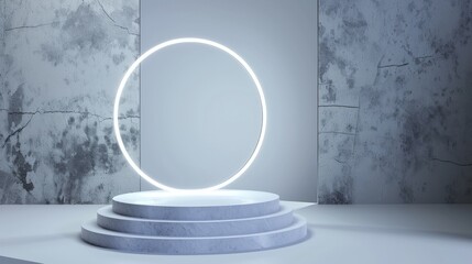 abstract studio room with pedestal podium. White, gray geometric platform floating on air with glowing neon ring.