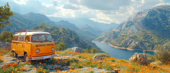 On the Road Again vintage camper van parked on a winding mountain road vacation.Generative AI