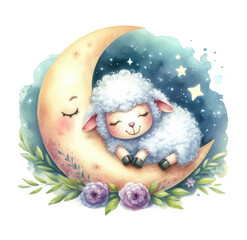 Cute sleeping sheep dozing on the moon. Watercolor illustration