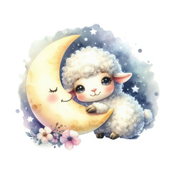 Sleeping sheep dozing on the moon. Watercolor illustration