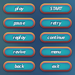 Set of blue buttons with editable text effect for mobile games game interface ui buttons set