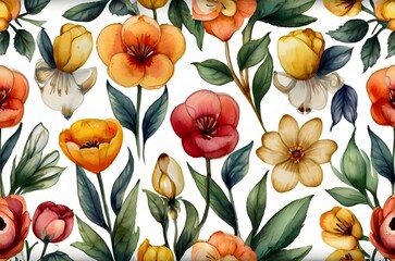 Watercolor vintage flowers, leaves and flower buds background, wrapping paper design, fabric design