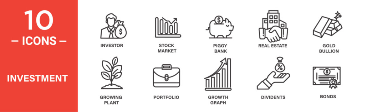 Investment icon set. Dividends, bonds, gold, real estate, or stock market icons. outlined icon collection. Vector illustration.