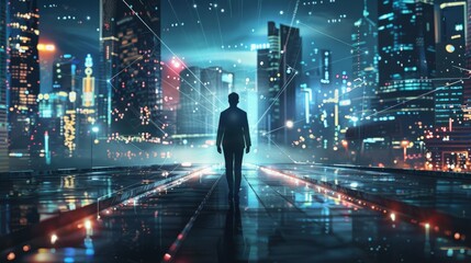 Business technology concept, Professional business man walking on future network city background