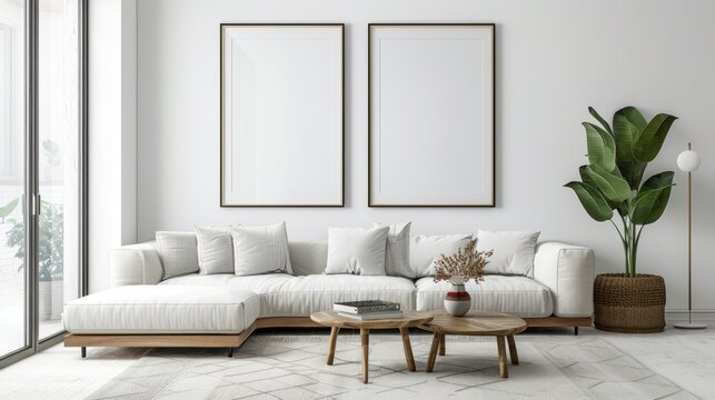 Modern living room with sofa and picture frames on the wall