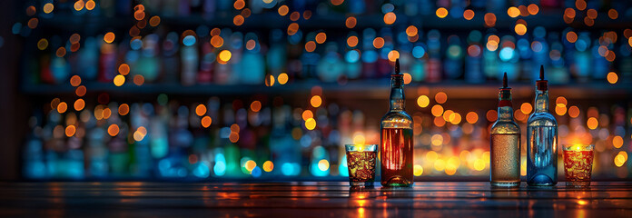 Blur bokeh lights top of bar and free space. Alcohol on bar abstract blur image of night festival in a restaurant and The atmosphere is happy and relaxing with bokeh for background. Beer,liquor  club