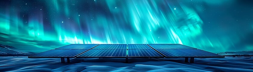 Solar panels under aurora borealis, dark matter swirling in the background soft shadowns,ultra HD - obrazy, fototapety, plakaty
