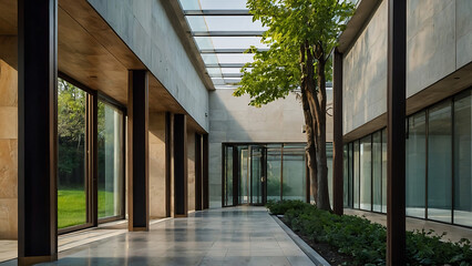 A modern corridor of width about 6 feet and length about 25 feet, one wall made of complete glass and other wall made of sandstone, gate at end with a canopy, garden view at glass side, Plants