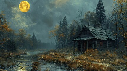 a cabin in the woods with a river and a full moon