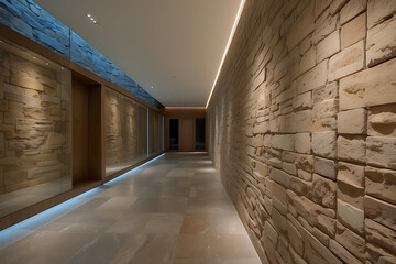 A modern corridor of width about 6 feet and length about 25 feet, one wall made of complete glass and other wall made of sandstone, indoor
