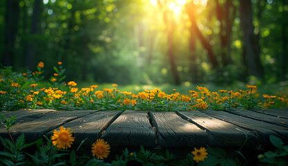 a wood plank with yellow flowers in the foreground - obrazy, fototapety, plakaty