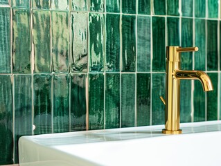 Retro style metal tap and sink in modern bathroom interior with soap bottle and green ceramic tiles wall in the background.
