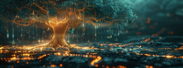 A glowing, digital tree whose roots and branches are shaped like keys and locks, illustrating the organic growth of IAM systems within organizations. The area above the tree is for text. - obrazy, fototapety, plakaty