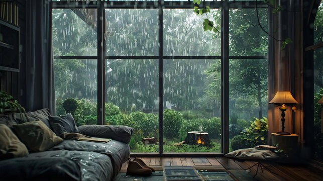 cozy rainy day at home. Cozy apartment bedroom with big window
