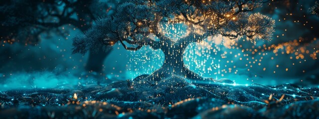 A glowing, digital tree whose roots and branches are shaped like keys and locks, illustrating the organic growth of IAM systems within organizations. The area above the tree is for text. - obrazy, fototapety, plakaty