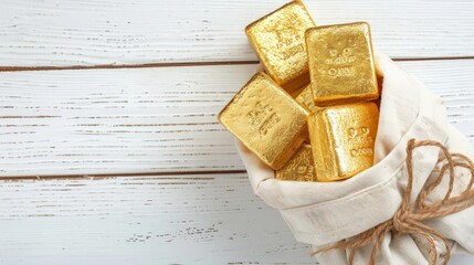 gold bars in a bag on a white wooden background with a copy of the request.