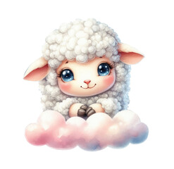 Sheep on pink cloud isolated on a white background. Watercolor illustration