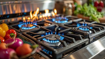 Close Up of Gas Stove With Blue Flames