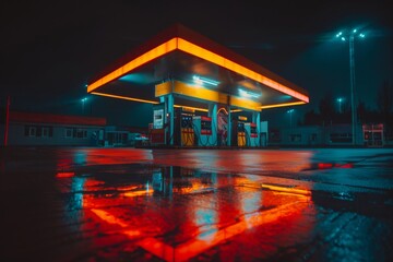 Under the yellow neon lights, the gas station's service area seemed almost surreal in the quiet of the night