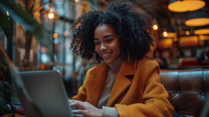 Fototapeta premium Vibrant co-working scene with young woman with a radiant smile, working on her laptop, embodying the blend of professionalism and modernity.