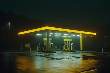 Even amidst the darkness of the night, the gas station's yellow neon lights guided me safely to a much-needed refuel - obrazy, fototapety, plakaty