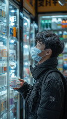 Fototapeta na wymiar A thin Asian man wearing a mask is standing in a pharmacy, looking at the medicine in his hand.,generative ai