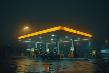 Obraz premium The gas station hummed with activity even at night, bathed in the glow of yellow neon lights