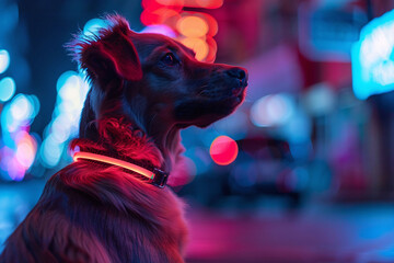 a dog with a glow collar in the night city