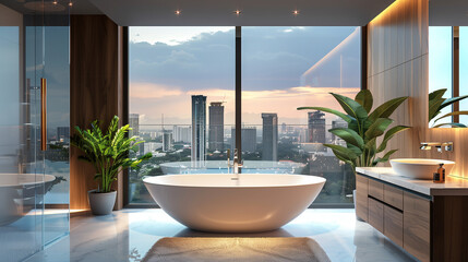 Captivating Hotel Bathroom Scene with Panoramic Window
