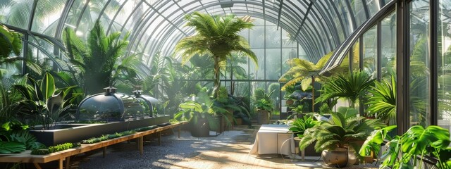 A high-tech greenhouse inspired by Victorian conservatories, growing genetically modified exotic plants.