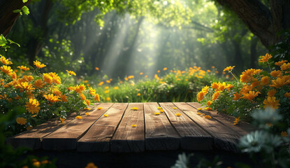 a wooden table with yellow flowers and sunlight shining through the trees - obrazy, fototapety, plakaty