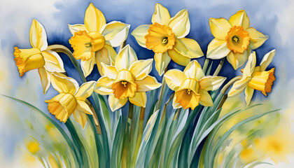 Watercolor illustration of yellow spring daffodils on blue background.