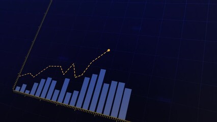 Animated market performance chart showcasing fluctuating trade metrics, crypto trends, and financial growth with rising and falling graphs in vibrant blue and orange hues.