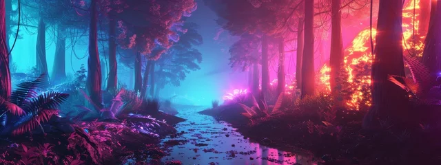 Papier Peint photo Violet A journey through a glowing neon forest in a futuristic world.