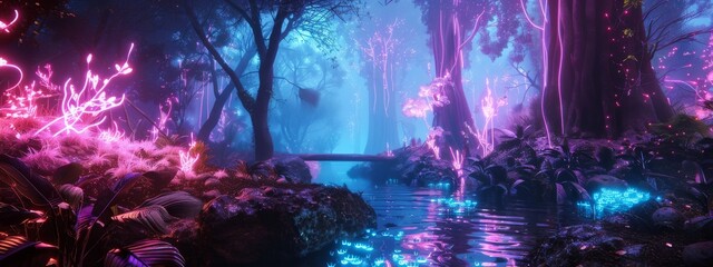 A journey through a glowing neon forest in a futuristic world.