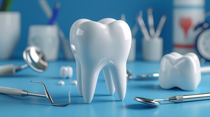 a 3D object illustration of a detailed tooth accompanied by essential medical tools for dental healthcare. Perfect for dental clinic or hospital business presentations.