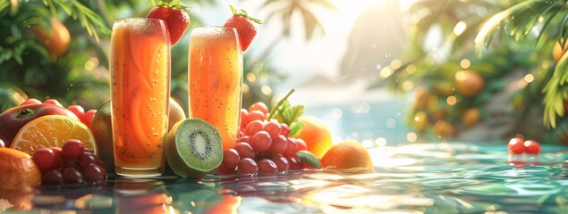 Sun-Kissed Tropical Fruit Infusion. Golden sunlight filters through a refreshing tropical drink garnished with strawberries, surrounded by an abundance of fruits and a serene water setting. - obrazy, fototapety, plakaty