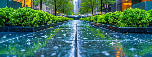 Foto op Plexiglas Rainy Urban Street, Wet Asphalt Reflections, Abstract City Nature Background © Jannat