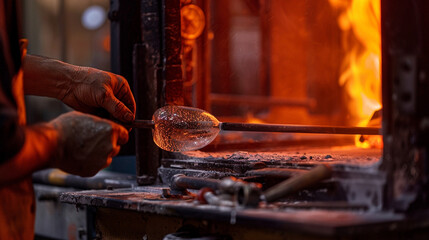  a close-up of a glassblower's hands deftly moulding molten glass into the shape of a locomotive against the furnace's flaming background..