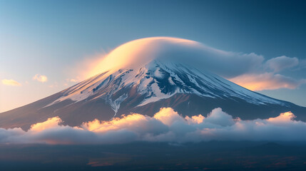 Landscape view of clouds swirling around the snow-capped peak of Mount Fuji, graced by a...