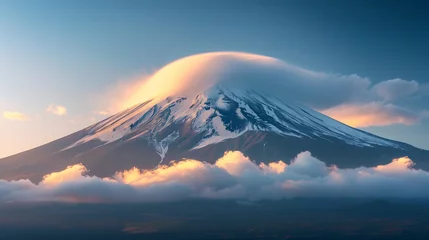Fotobehang Landscape view of clouds swirling around the snow-capped peak of Mount Fuji, graced by a captivating lenticular cloud formation, highlighting its timeless beauty and majesty. © NaphakStudio