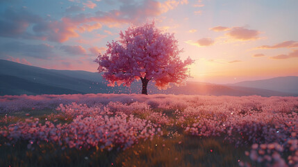 Fototapeta na wymiar A lone cherry blossom tree standing majestically in a vast field, the first light of dawn casting a warm glow.