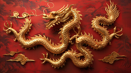 golden Chinese dragon on red color background, Happy Chinese New Year 2025 the dragon zodiac sign with flower, lantern, elements with red and gold color. background. Copy space, Generative AI 