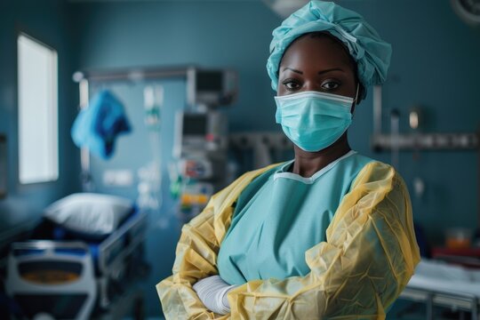 nurse standing in her hospital room with surgical gloves and mask, in the style of candid moments captured, bronze and azure, shaped canvas, precision.
