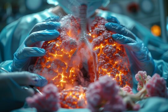  A conceptual 3D illustration of surgical intervention to remove a tumor from the human lungs, depicting medical procedures