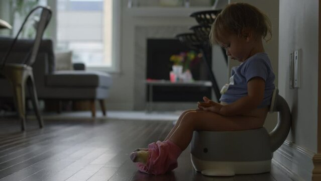 Toddler girl learning to use potty - sits and watches show on smart phone