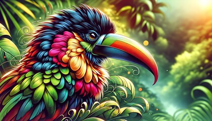 Vibrant Watercolor Painting of Curl-crested Aracari Bird